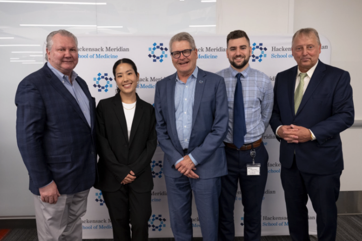 Medical Student Research Day 2024 (L-R) HMHRI President Ihor Sawczuk, MD, Featured Student Mai Hatazaki, HMSOM Dean Jeffery R. Boscamp, MD, Featured Student Shady Barsoom, HMSOM Vice Dean Stanley R. Terlecky, PhD
